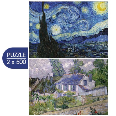 Grafika-F-33665 2 Puzzles - L'Art de Van Gogh : La Nuit étoilée, 1889 - Maison à Auvers, 1890