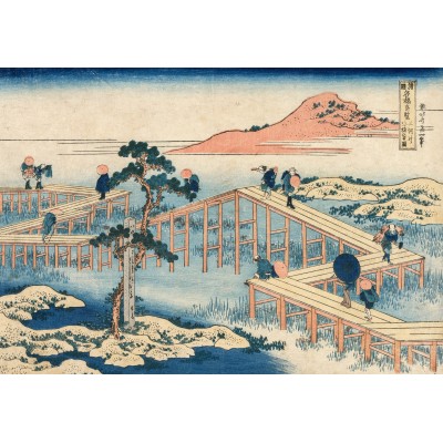 Puzzle Grafika-F-33690 Hokusai - Image Ancienne du Pont à Huit Parties dans la Province de Mikawa